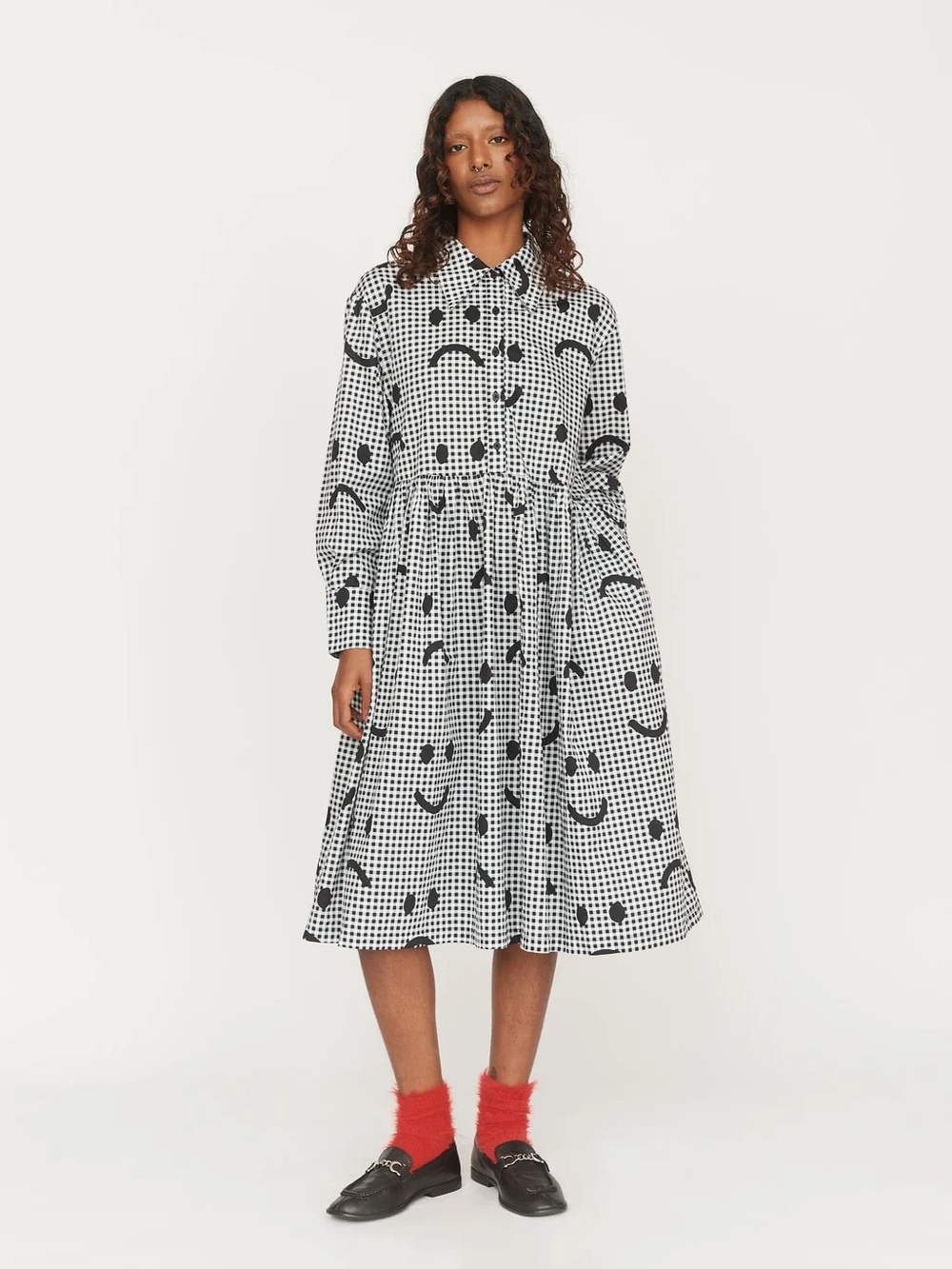 Lazy Oaf Black & White Gingham Smiley Midi Dress